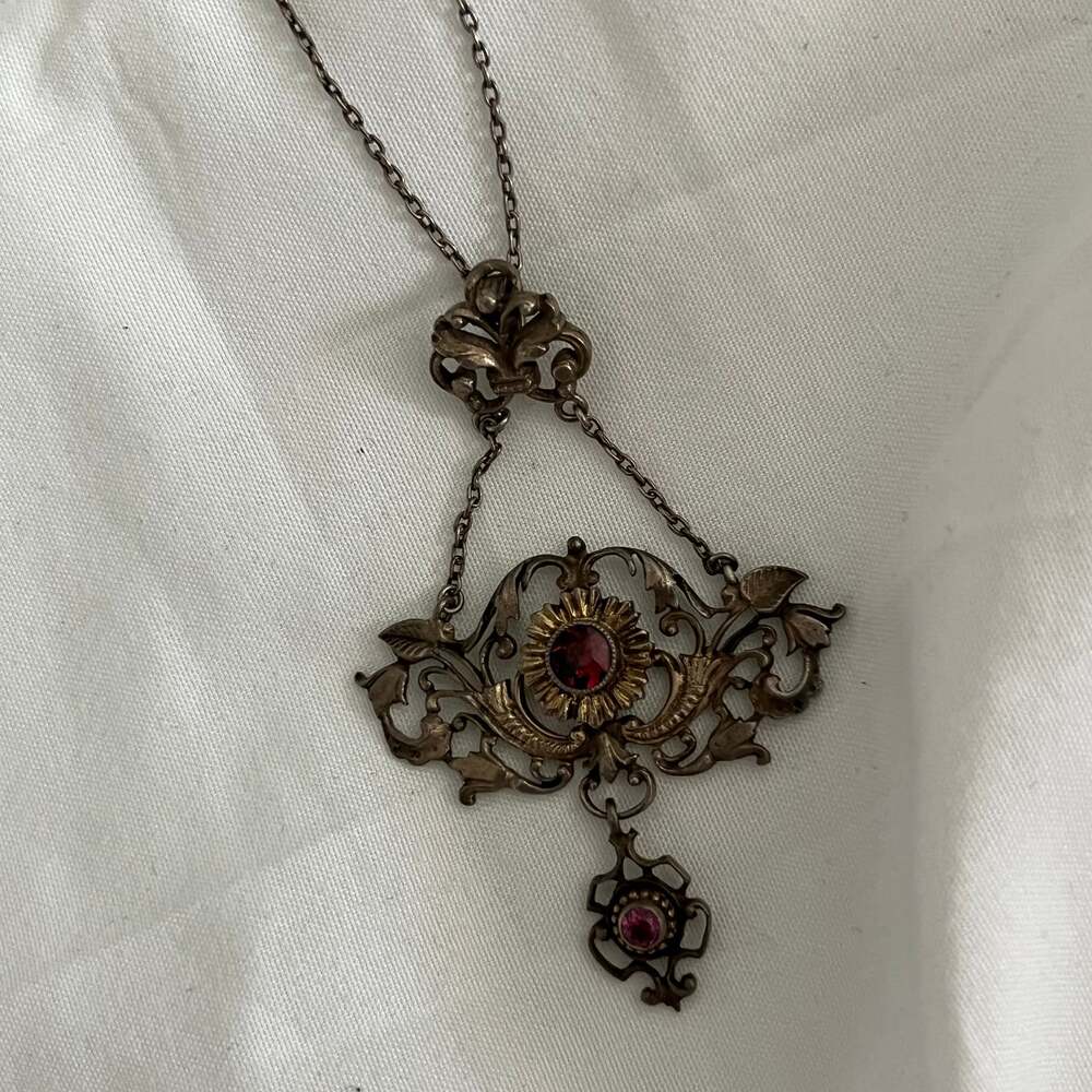Spectacular Antique Silver Garnet & Pearl Austro Hungarian Necklace Pendant